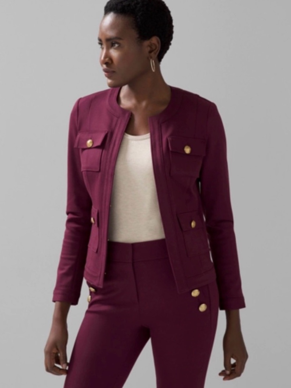 WHBM Womens Burgundy Stylist Jacket and Jolie Ankle Pants
